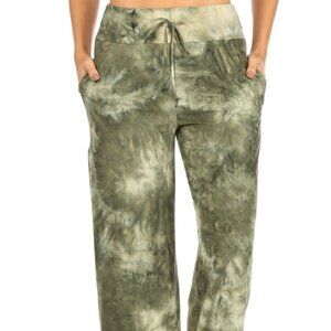 Olive Tie Dye Pajama Pants Drawstring Elastic Waistband Loungewear w/Pockets, M